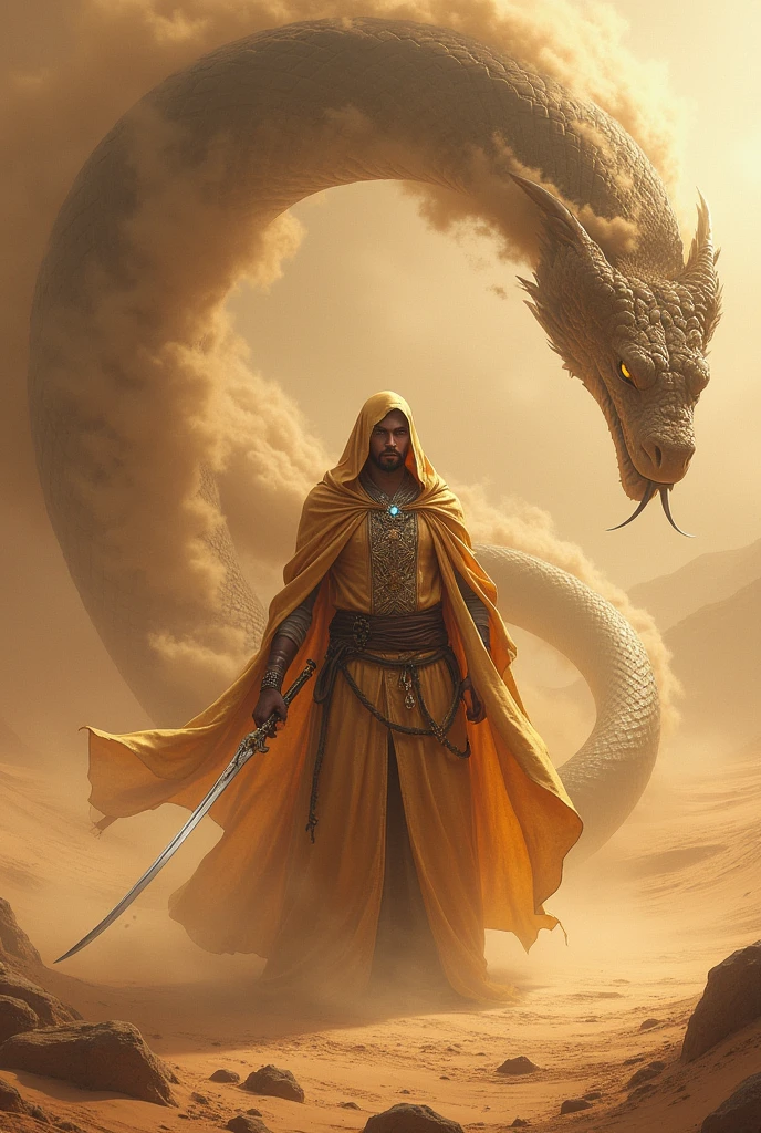 Desert mage wielding a scimitar controlling sand storm and with giant cobra