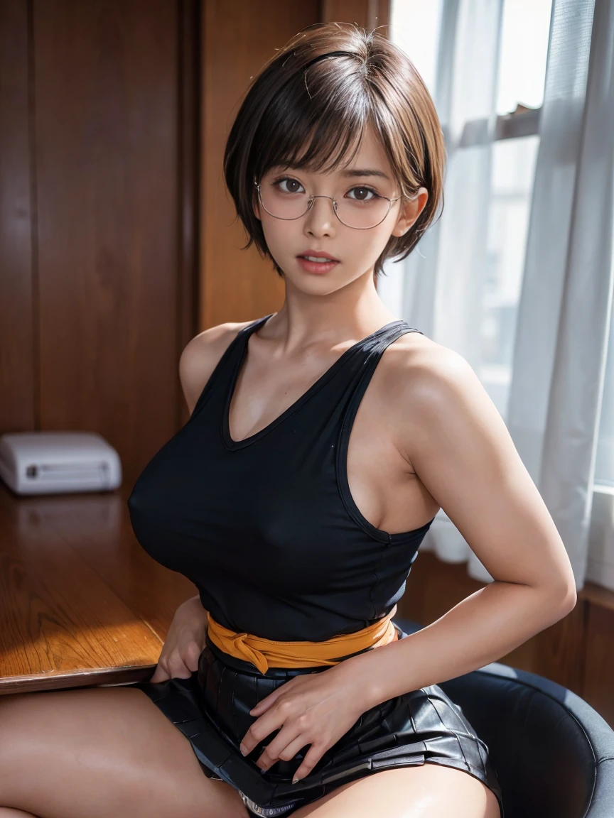 8k, RAW Photos, Highest quality, masterpiece, Realistic, Realistic, (1 Ultimate beauty), Mature Woman,(Strictly adhere to a composition where only one person appears in the photo)、(In the conference room)(Wear rimless glasses)((Wearing a cheerleader uniform))((Flared mini skirt))(((Married women)) Highly detailed face, (Perfect Teeth), fine grain, double eyelid, eyelash, Lip details, (((Black short bob hair))), (((Very large breasts)))Big Breasts,((Increase nipple protrusion))(((Sitting at a desk、She spreads her legs to emphasize her crotch)))(((She holds her knees and spreads her legs wide)))(((Spread your legs in an M shape)))(((Emphasize the bite of the crotch)))Cowboy Shot, Soft Light, ((Written boundary depth))
Proceed with caution,((30 years old, Japanese women)), (((moderately fleshy body, Tight waist))), (((Front view, Realistic buttocks,))Front view