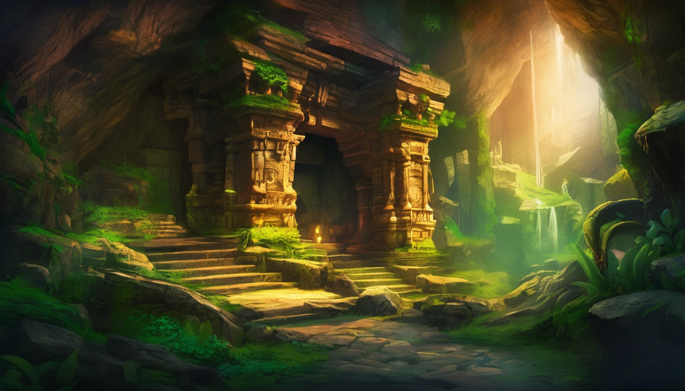 (anime, fantasy, old dungeon), (best quality, highres, HDR:1.2), vibrant colors, detailed landscape, intricate, overgrown stone cave, secret overgrown temple, cave setting, ancient cave, mysterious temple setting, overgrown cave, deep environment, wartorn environment, crocodile god lair, stone gate to the dark cave, ancient caves, dark fantasy environment, ancient wood environment, underground temple, high resolution, hyperdetailed, depth of field