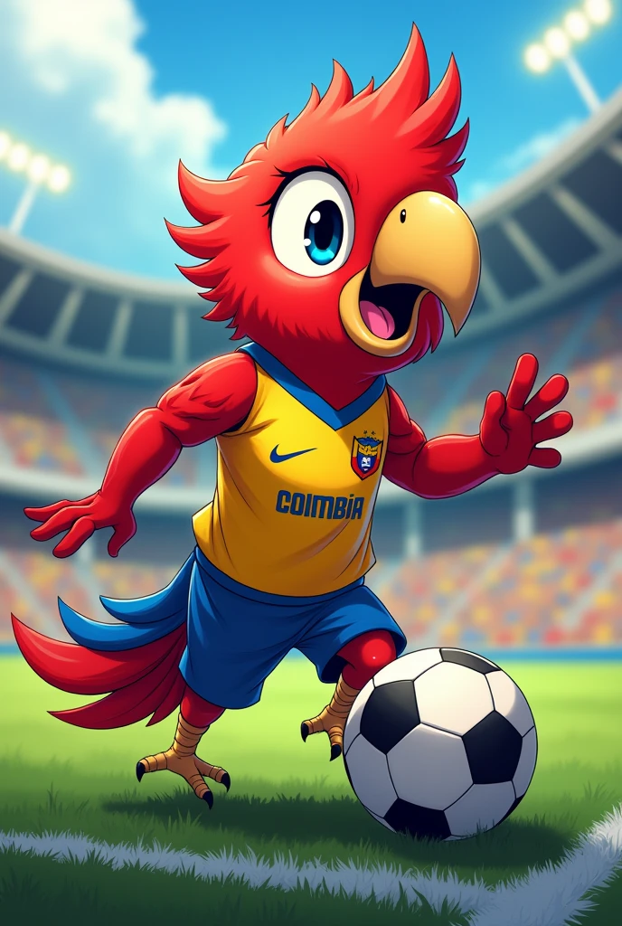 An anime-style macaw drawn with the Colombian national team's soccer jersey and the background is where the corner kicks are made but the jersey is a soccer jersey but the macaw looks cute and is that type of red macaw