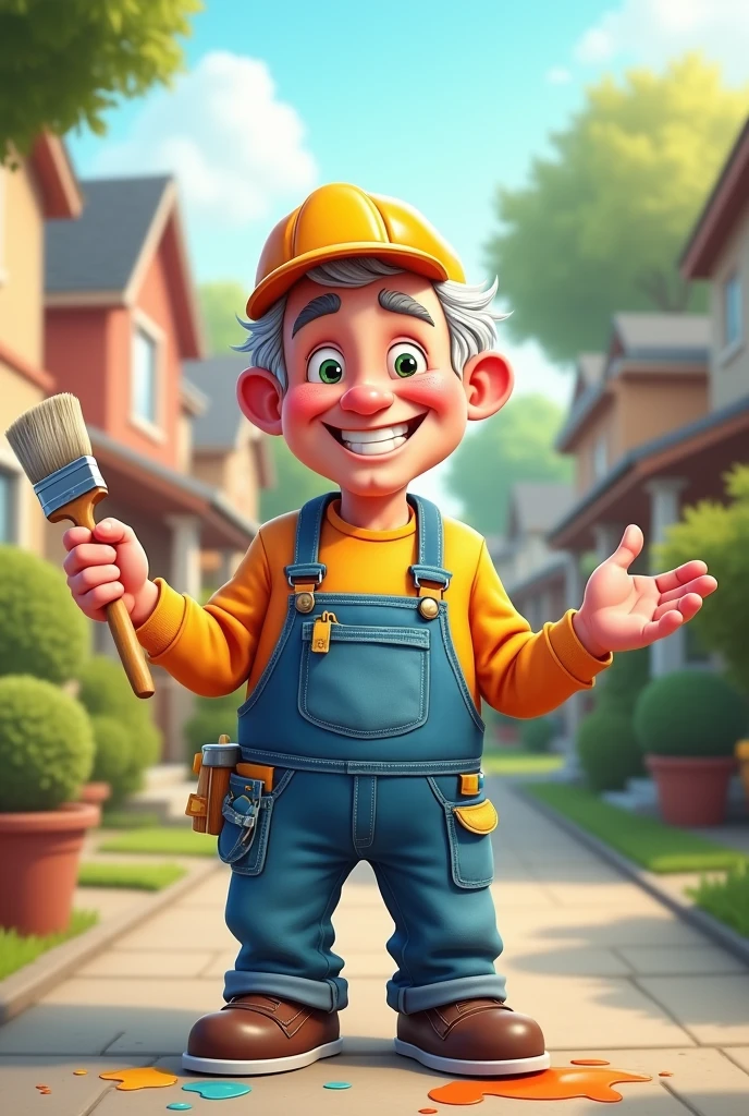 Cartoon of a friendly house painter with gray hair and overalls
