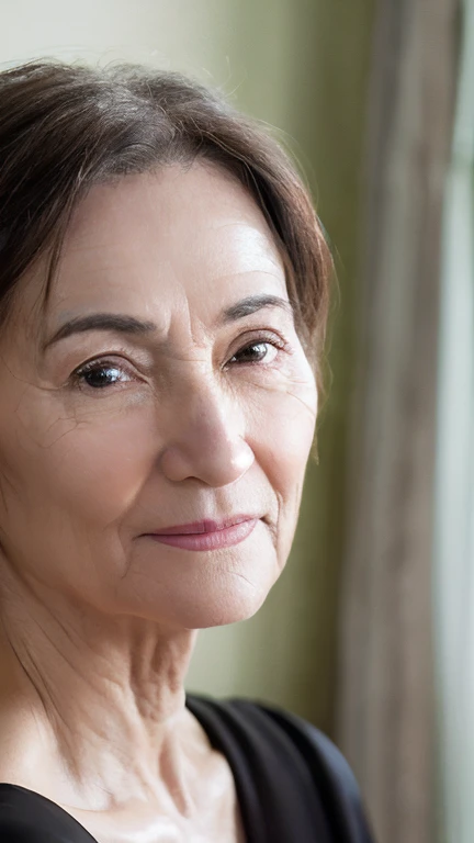 ((Highest quality)), ((8k)), ((masterpiece: 1.3)), (Perfect appearance), (Photorealism: 1.6), (JMA), (Who), (Genuine:1.4), One mature woman, Perfect Anatomy, 60 years old, ((Realistic skin texture)), (Fine wrinkles appear all over the skin), (Dullness), (Unmoisturized skin), (Facial wrinkles), (Wrinkles around the eyes), double eyelid, Lower eyelid tear trough, (corner of the eye), Thin eyebrows, Medium Long Hair, ((Zenra: 1.3)), (Inside the room: 1.2),