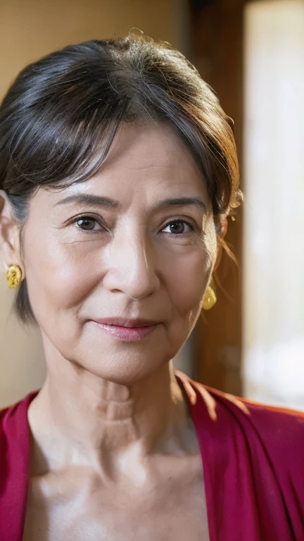 ((Highest quality)), ((8k)), ((masterpiece: 1.3)), (Perfect appearance), (Photorealism: 1.6), (JMA), (Who), (Genuine:1.4), One mature woman, Perfect Anatomy, 60 years old, ((Realistic skin texture)), (Fine wrinkles appear all over the skin), (Dullness), (Unmoisturized skin), (Facial wrinkles), (Wrinkles around the eyes), double eyelid, Lower eyelid tear trough, (corner of the eye), Thin eyebrows, Medium Long Hair, ((Zenra: 1.3)), (Inside the room: 1.2),