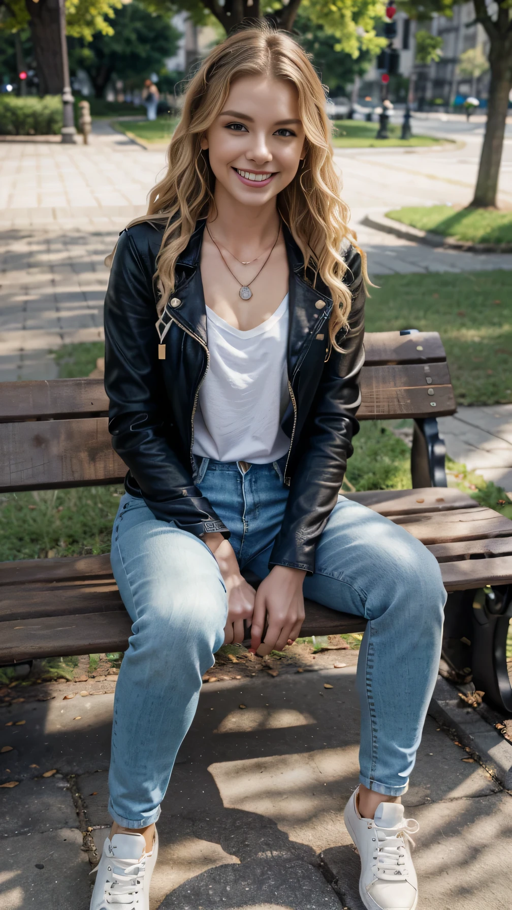 resolution, 8k wallpaper, Beautiful Caucasian Woman、Full body photo sitting on a park bench、Leather jacket、shirt、Skinny jeans、sneakers、Necklace around the neck、 blonde 、blue eyes、Wavy Hair、ear piercing、smile、Beautiful teeth alignment、
