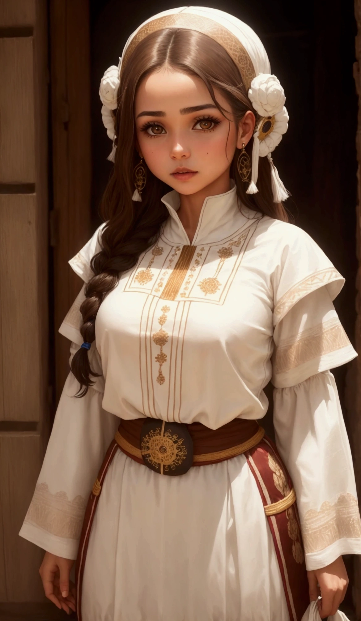 Latina girl with white skin and brown hair,Brown eyes,dressed in traditional Colombian clothing
