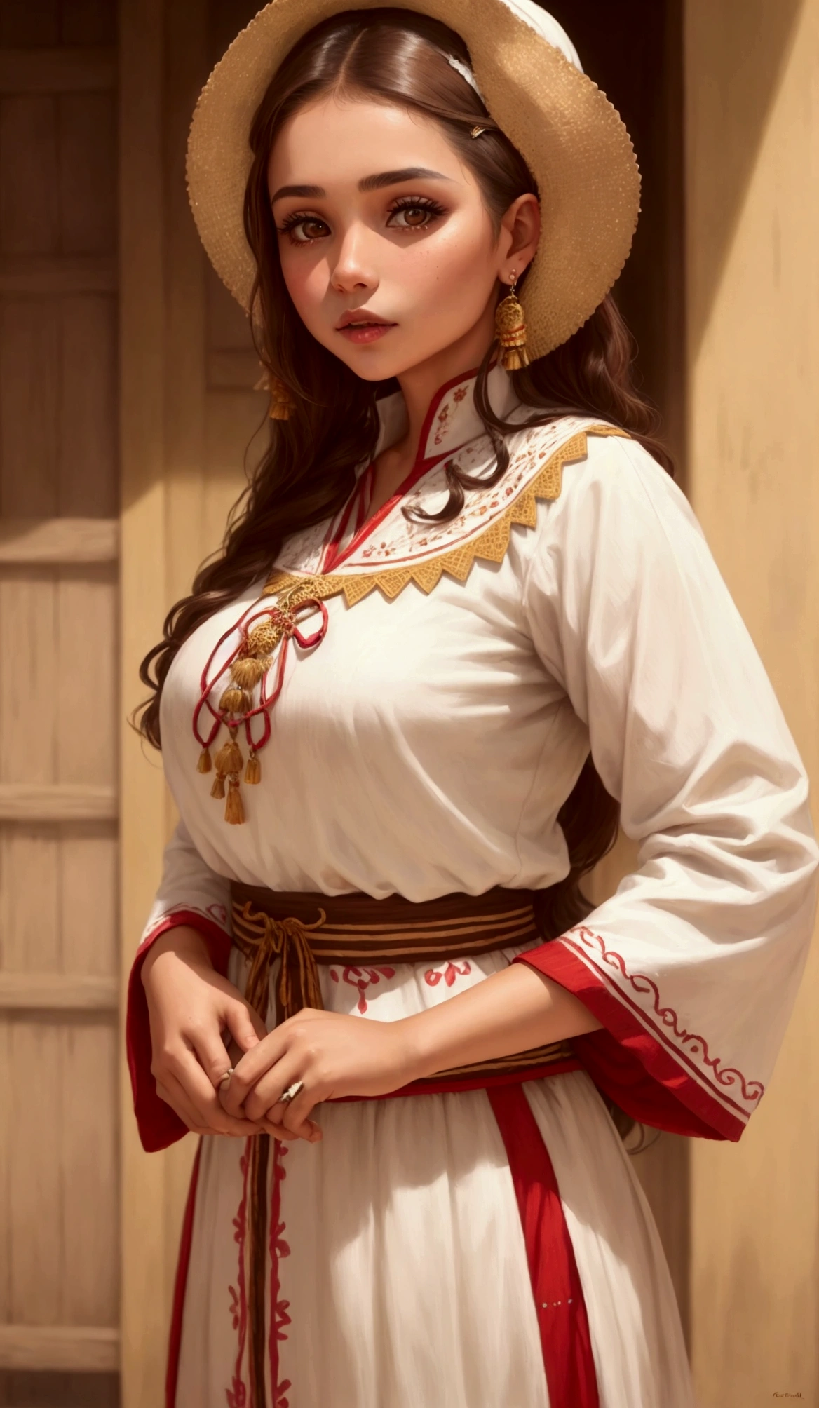 Latina girl with white skin and brown hair,Brown eyes,dressed in traditional Colombian clothing