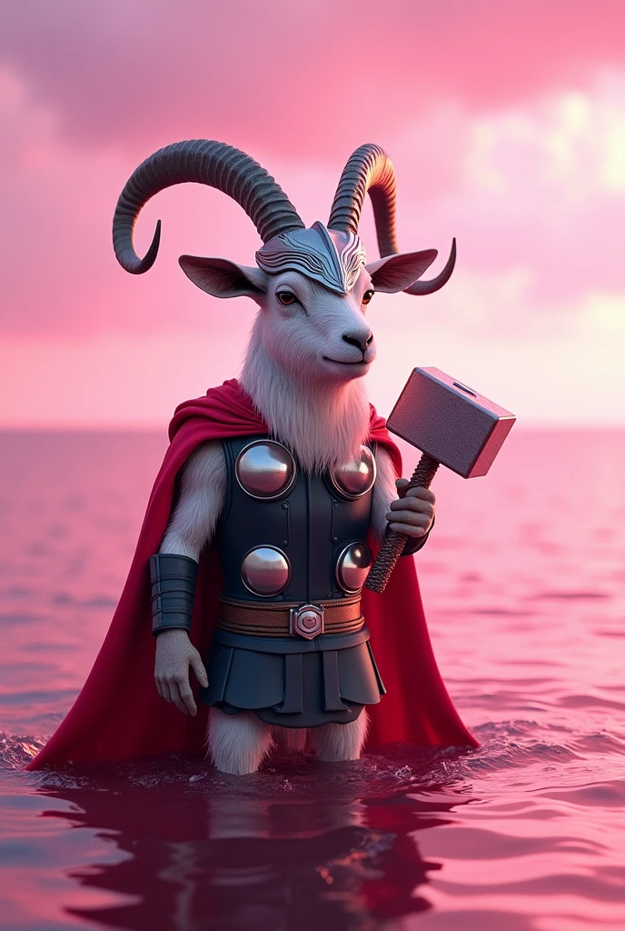 A goat dressed as Thor in the pink sea