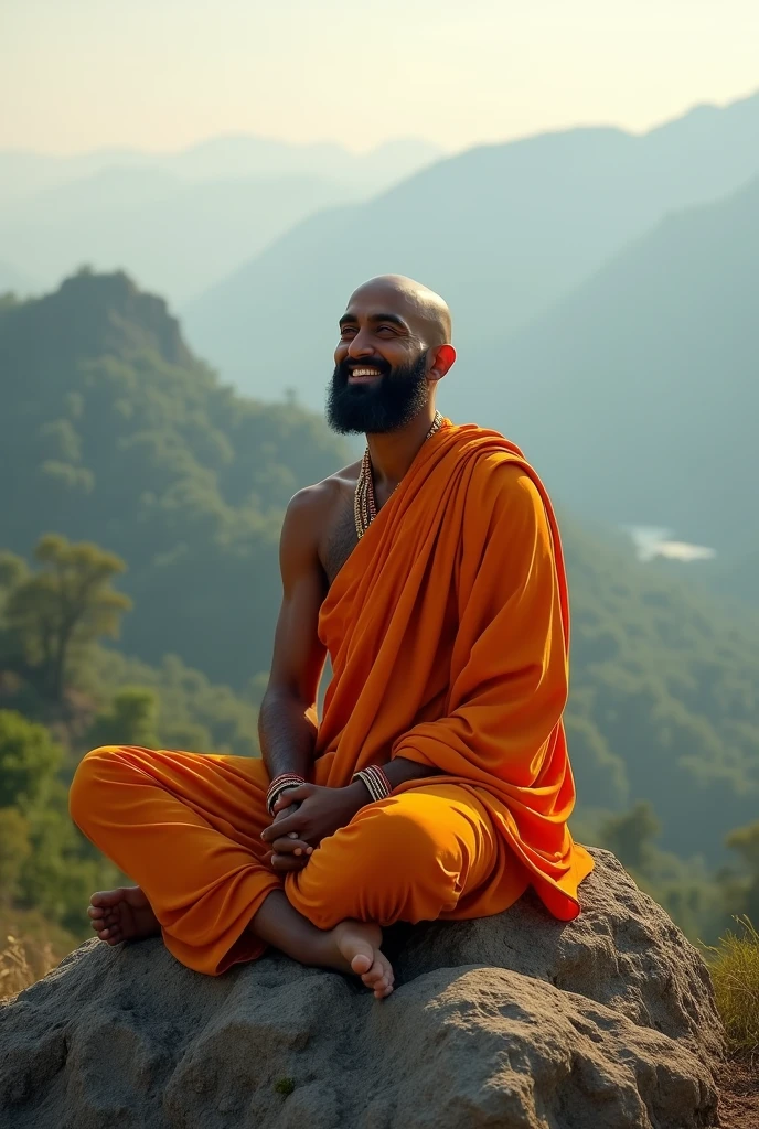 man wearing bhagwa dress sitting on a mountain have beautiful background view have a smile front view open eyes