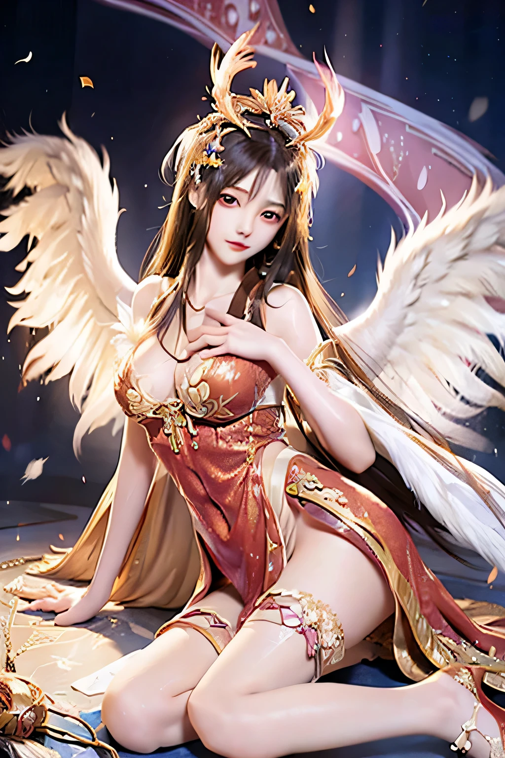 Nuwa goddess wearing phoenix crown and bridal robe，Feathered Clothes