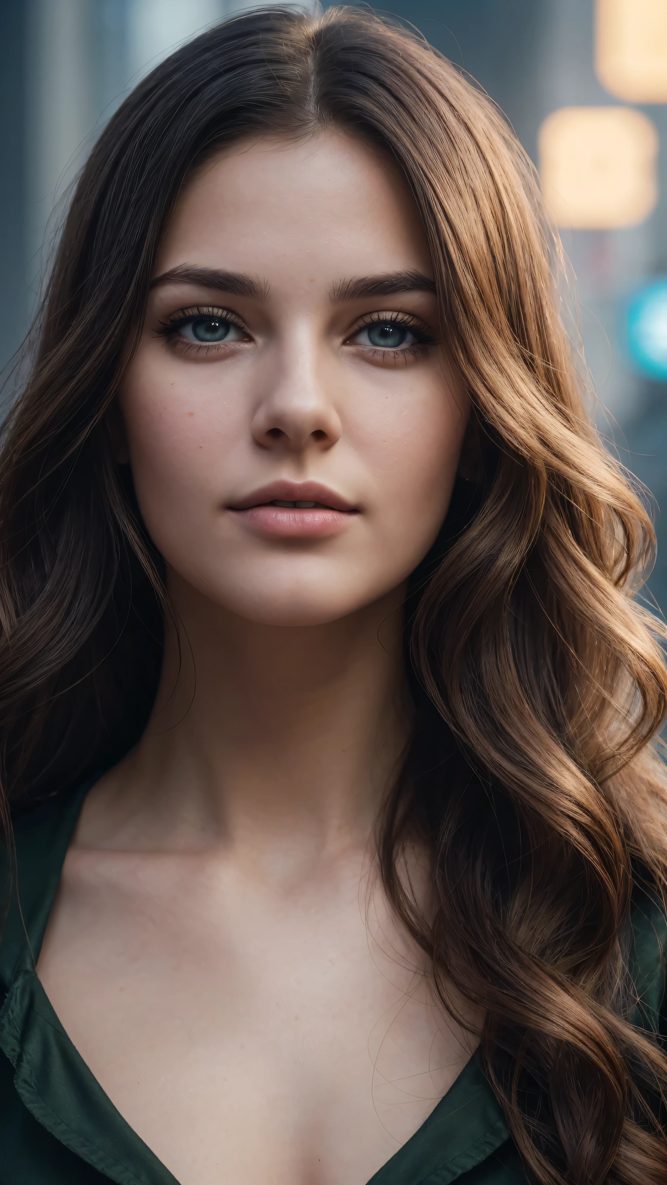 Face portrait photo oF a 21-year-old German woman, .raw, beautiFul woman, half strawberry lips, Fossettes, nostalgic look, green eyes, great student, Large eyelashes, (Brown extra long wavy hair), ((detailed Face)), ((detailed Facial Features)), (Finely detailed skin), red skin, (Deep neckline detailing high-tech cyberpunk dress), Cyberpunk Cyberpunk big city environment, (cold colors), moist, moist, reFlections, (masterpiece) (height ratio / perfect width) (photo realist) (best quality) (detailed) Shot with Canon EOS R5, ObjectiF 50mm, F/2.8, human development report, (8k) (wallpaper) (light) (Dramatic Light) (sharp focus) (complicated)