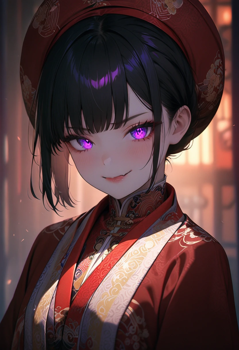 (masterpiece, best quality:1.2), super detailed, extreme detailed, portrait, 1girl, solo, beautiful face, short black hair with bang, glowing purple eyes, detailed eyes, pretty lipstick, spider fangs, smirk, evil expression, standing, nhat binh clothing, hat, long sleeves, wide sleeves, white fog background, East Asia Theme, soft focus, ((cowboy shot)), look at the viewer, tilt head, lens flare, DeepNegative_xl_v1