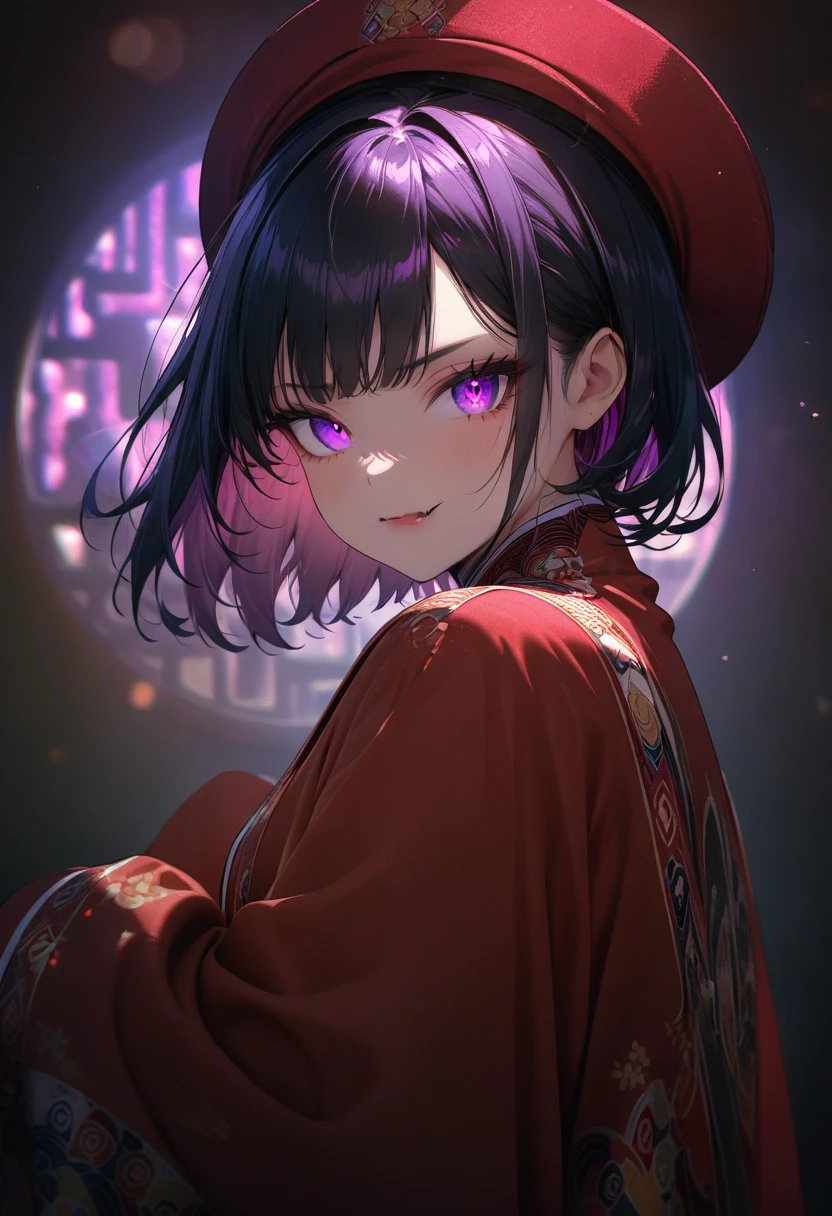 (masterpiece, best quality:1.2), super detailed, extreme detailed, portrait, 1girl, solo, beautiful face, short black hair with bang, glowing purple eyes, detailed eyes, pretty lipstick, spider fangs, smirk, evil expression, standing, nhat binh clothing, hat, long sleeves, wide sleeves, white fog background, East Asia Theme, soft focus, ((cowboy shot)), look at the viewer, tilt head, lens flare, DeepNegative_xl_v1