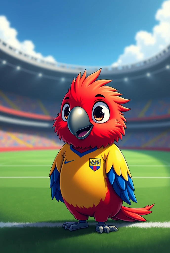 An anime-style macaw drawn with the Colombian national team's soccer jersey and the background is where the corner kicks are made but the jersey is a soccer jersey but the macaw looks cute and is that type of red macaw
