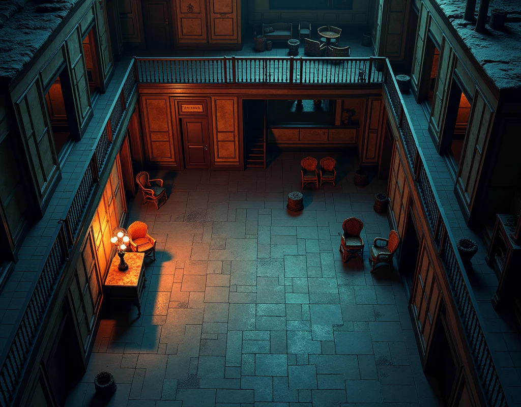 vampire the masquerade, map rpg, game art, birdseye straight top-down shot from a drone, battlemap of theater, current modern theme, seen from above, role-playing game, empty location, nighttime environment, wicker furniture, (coherent architecture and interior, with realistic proportions and textures, intricate details, handdrawn, vibrant, cinematic lighting, masterpiece, 8k:1.2)