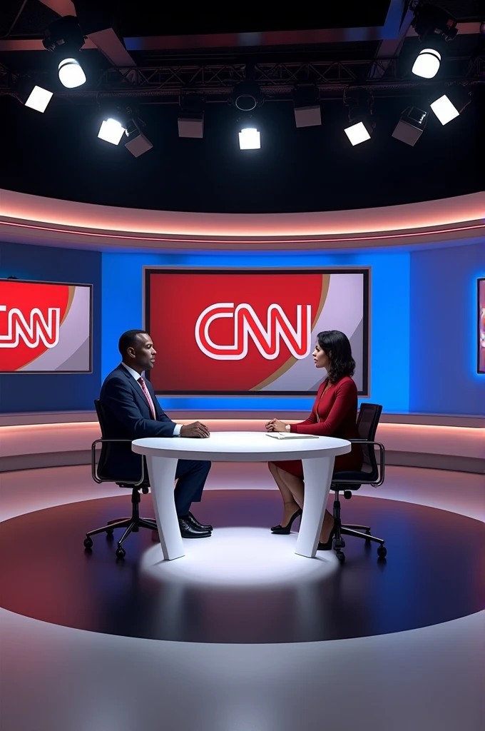 I run a media and communication consultancy firm. The name of my firm is Songhai Media Network Limited. Our includes setting up a Television Broadcasting services. Generate images for our firm's broadcasting station office to be in Abuja showing our staff in a Live interview with a male Nigerian politician being interviewed by an Hausa lady. Let the images making the the studio looks wider like CNN Newsroom while showing the name SONGHAI TV