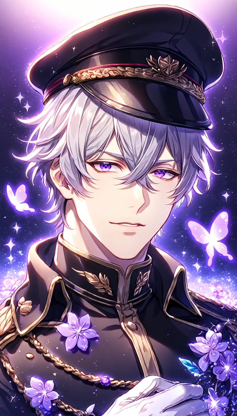absurdres, highres, ultra detailed, HDR, master piece, best quality, Ayanami, light-gray hair, messy hair, hair between the eyes, expressive violet eyes, 07 Ghost, solo, sexy man, handsome, sensual, manly man, adult face, military uniform, black coat with golden trimmings, white gloves, black military hat, fantasy, black gloves, magical, shining, purple flowers, blossoms, water, purple petals, purple butterflies, sparkling, purple moon, starry sky