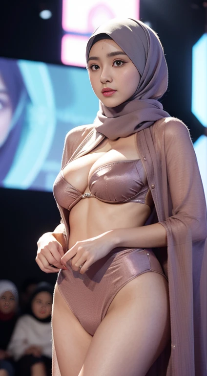 raw, best quality, high resolution, Masterpiece: 1.3), Beautiful Malaysian woman in hijab (I:0.8),looking at the audience,Portrait photography of a beautiful Malaysian girl in a hijab., big breast,Detailed eyes, standing on stage naked, Diffuse light, depth of field