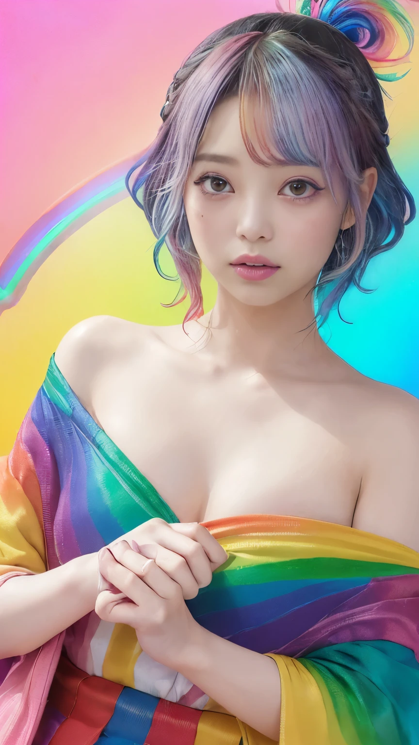 (Pink Fashion T-Shirt:1.9)、(colorfulな髪:1.8)、(All the colors of the rainbow:1.8)、((((Portrait:1.6)))、(Picturesque:1.6)、frontage、Big eyes、Clear eyes、(虹色のGradationハイポニーテール:1.7)、Exquisite makeup、Mouth closed、(Small fresh:1.5)、(Wipe the chest:1.6)、Long-term、A man wearing a white off-the-shoulder T-shirt with tears in his eyes、(Rainbow Hair:1.6)、An explosion of colors, Messy Lines, ((Shine)), (colorful), Chic paint style, (Splashes of color), Portrait, Browsing Caution、 Paint splashes, Acrylic Pigments, Gradation, Depth of written boundary, facepaint, colorfulな服, (elegant: 1.2), nice,Hair length, Wind, (elegant: 1.3), (petal:1.4)、(((masterpiece)))、(((Highest quality)))、((Ultra-detailed))、(Dynamic Angle)、((plankton))、(paint)、((Disheveled Hair))、(solo)、((Beautifully detailed face))、Shoulder pain、Gray Hair、((colorfulな髪))、(((Striped Hair))、Beautiful and fine details、(Gradationカラーの目)、((Clatter toes))、(colorfulな背景))))、((((High saturation))))、(((colorfulな水しぶきに囲まれた)))