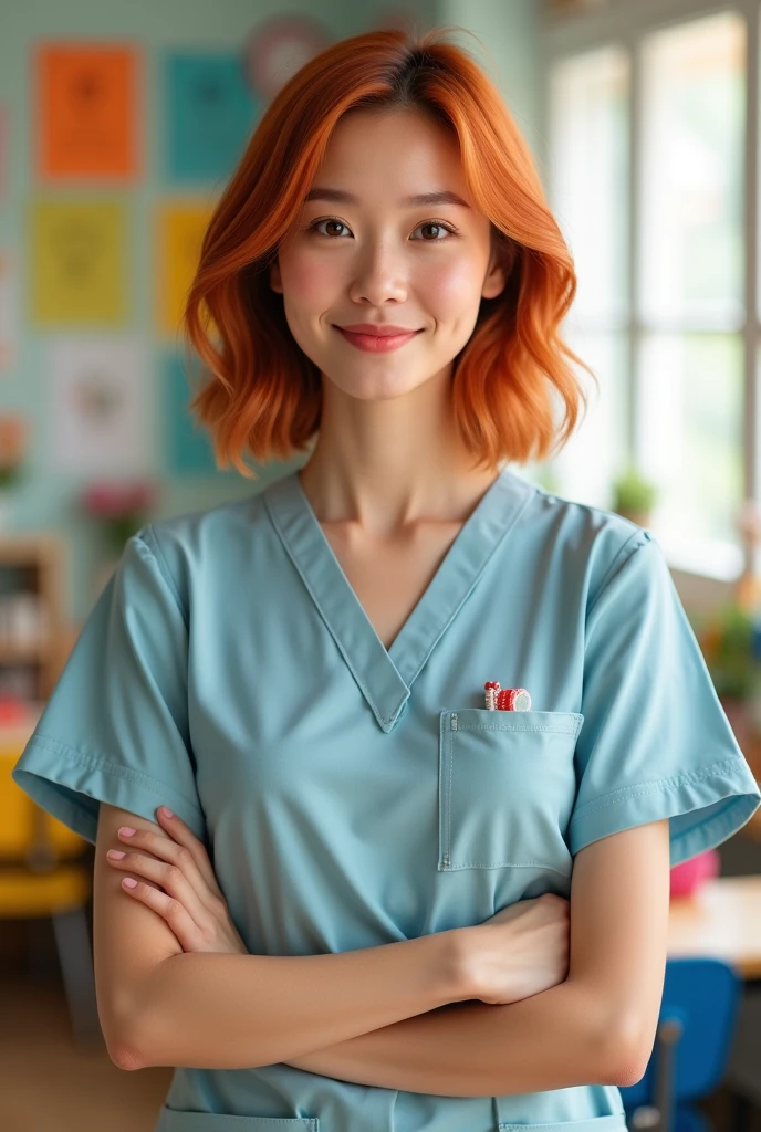 Pretty and sweet teacher in preschool uniform with short red shoulder length hair