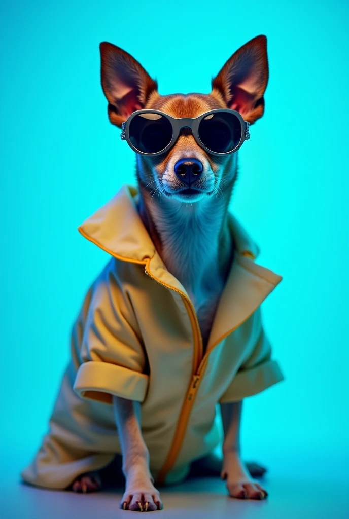 The best cell phone wallpaper, Award-Winning Wallpaper, portrait photography, In the front view is a portrait of a cute dog wearing mid-1960s space age fashion, Side view photo, Shot with Canon EOS R5, Set a strong contrast that accentuates the subject, Fluorescent blue tone, Wearing a very modern coat and sunglasses is a modern 1960s style, Clothes all in one color, beautiful background