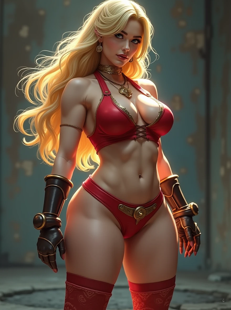 Very long hair blonde fit Woman wearing armor chun li cosplay, Womanly, impossibly small tiny waist abs waistline, circumference of lower extremities far exceeds 80 inches hips, she has massively immense hip measurements, with the worlds largest buttocks, location random, intense detail, bold leggings, hyper realistic, A bottom-heavy, superior body part, voluptuous lower body, feminine figure, portraits, Reductionist form, mujercore, bold lines, in the style of Mike Campau, Iris Van Herpen, Howard Schatz, Russian-Western, an Inferior Physical Goddess - s2 ((masterpiece)), (((best quality)))