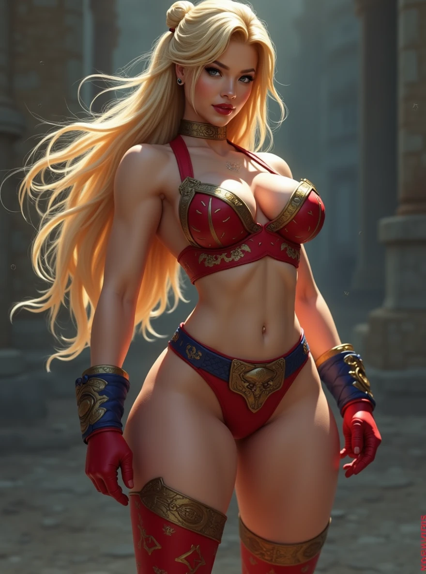 Very long hair blonde fit Woman wearing armor chun li cosplay, Womanly, impossibly small tiny waist abs waistline, circumference of lower extremities far exceeds 80 inches hips, she has massively immense hip measurements, with the worlds largest buttocks, location random, intense detail, bold leggings, hyper realistic, A bottom-heavy, superior body part, voluptuous lower body, feminine figure, portraits, Reductionist form, mujercore, bold lines, in the style of Mike Campau, Iris Van Herpen, Howard Schatz, Russian-Western, an Inferior Physical Goddess - s2 ((masterpiece)), (((best quality)))