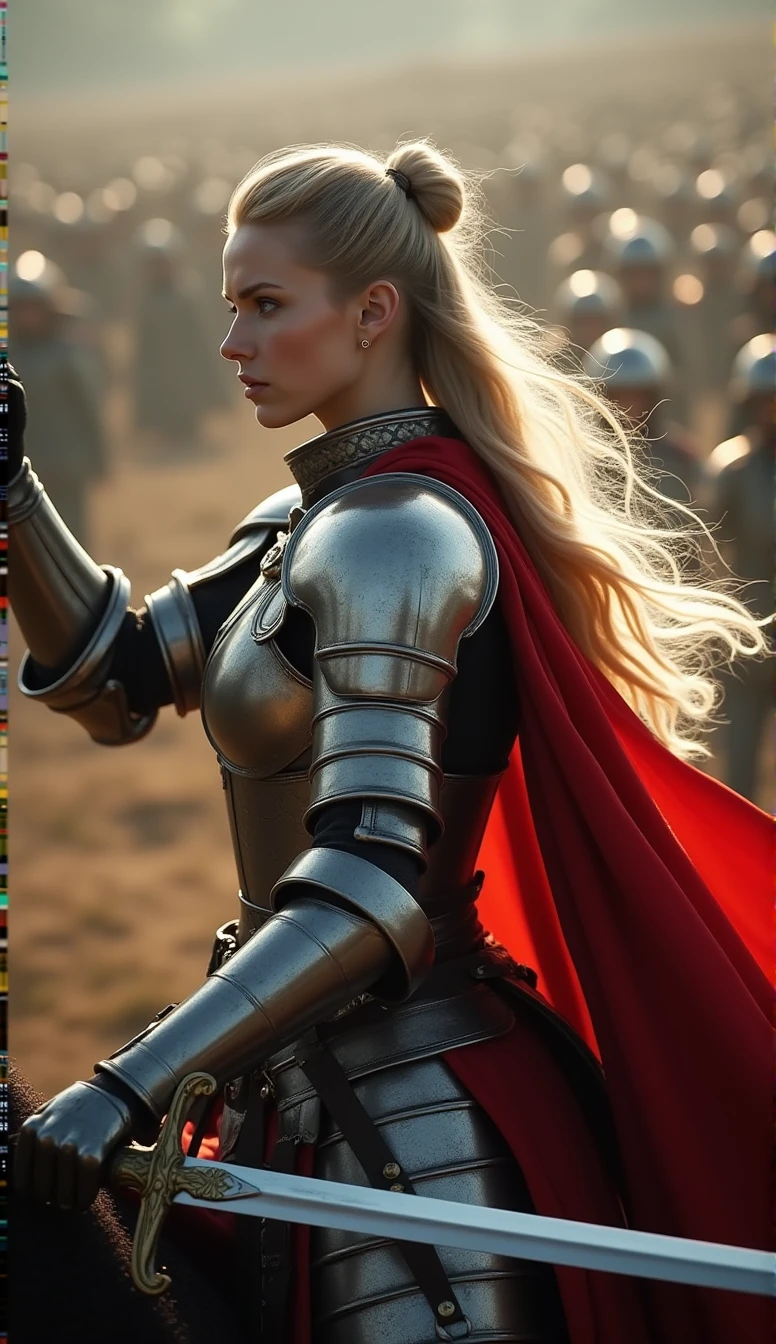 female rider wielding a sword on a battlefield , ((work of art, Maximum quality, high resolution, highly detailed 8K unified CG wallpaper)), (huge stunning photo of goddess, Very hot and sexy, jaw dropping beauty, perfect proportions, Body cute, Slim Body Beauty:1.3), (A medieval female rider in luminous armor:1.5), (Her long blonde hair is tied back, Wearing armor on bare skin, red cape on the back, used in finely crafted, detailed armor, with a sword hanging from a thick belt:1.5), visible thighs, from above view, female rider,