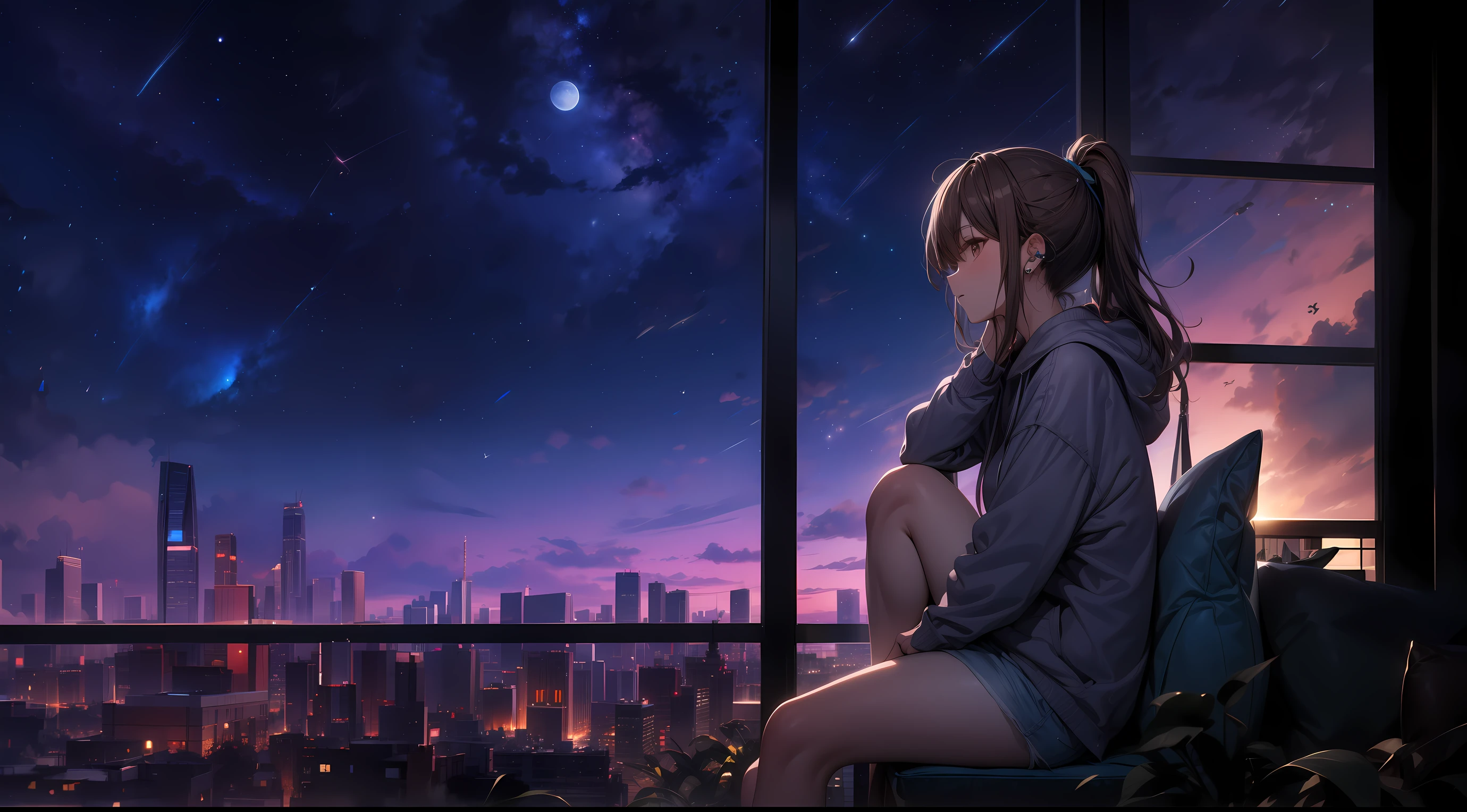 masterpiece, best quality, high quality, detailed, ultra detailed, hyper detailed, insanely detailed, exquisite, beautiful, FHD, Full-HD, 4K, 8K, 16K, highres, absurdres, skyscraper, city, a girl, intelligent, sitting, looking to the side, ponytail, brown hair, brown eyes, hoodie, shorts, piercing, in the room, with a starry sky, with a galaxy, at night, beautiful, lo-fi, side view, moonlight