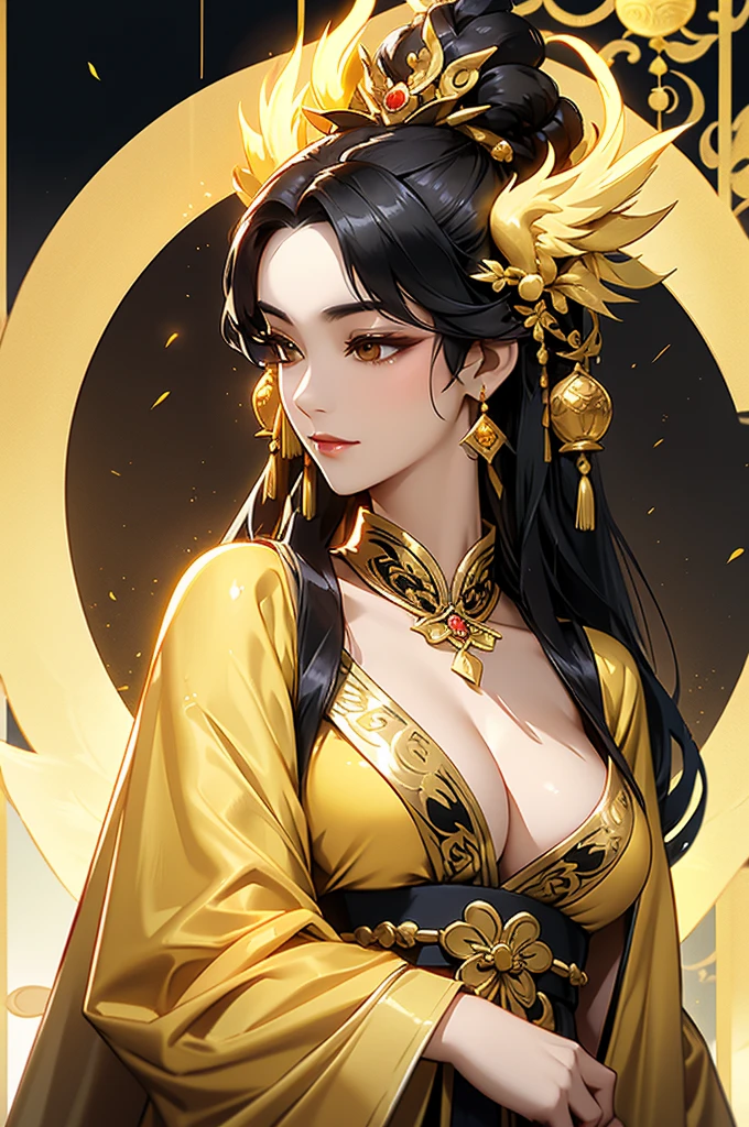 Black Hair, Immortal, Beauty, Royal sister, Stepmother, Gold Yellow Taoist robe, Golden Phoenix Coronet, Hair Bunch, Beautiful Breasts , Mature Woman,Sunshine