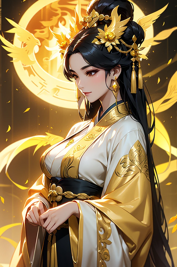 Black Hair, Immortal, Beauty, Royal sister, Stepmother, Gold Yellow Taoist robe, Golden Phoenix Coronet, Hair Bunch, Beautiful Breasts , Mature Woman,Sunshine