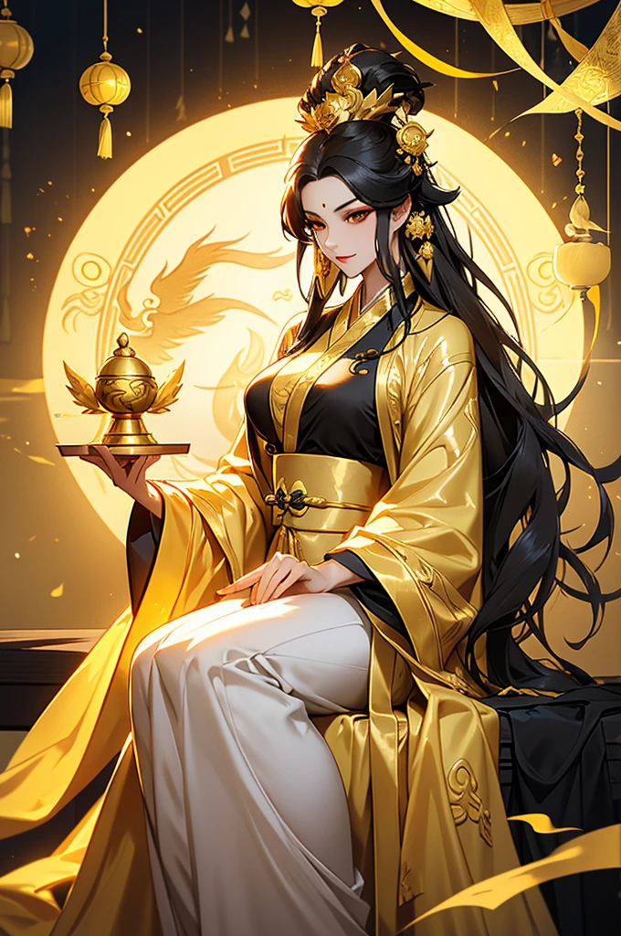 Black Hair, Immortal, Beauty, Royal sister, Stepmother, Gold Yellow Taoist robe, Golden Phoenix Coronet, Hair Bunch, Beautiful Breasts , Mature Woman，Sunshine