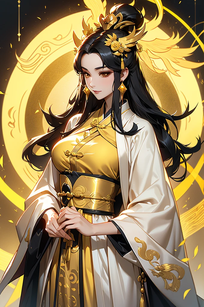 Black Hair, Immortal, Beauty, Royal sister, Stepmother, Gold Yellow Taoist robe, Golden Phoenix Coronet, Hair Bunch, Beautiful Breasts , Mature Woman，Sunshine