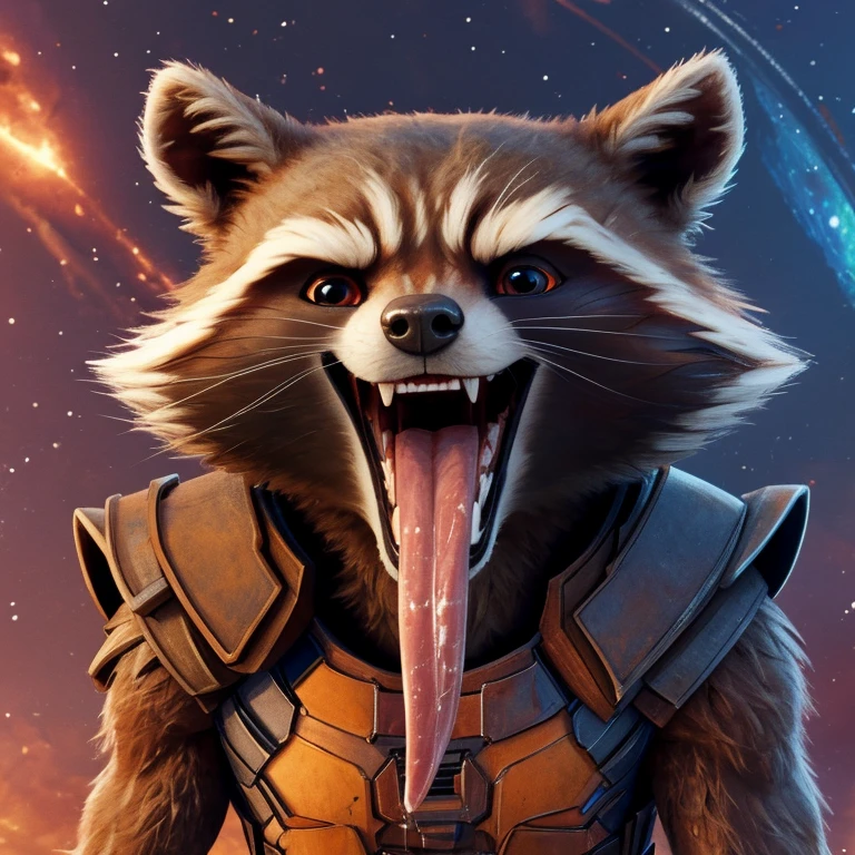 Rocket Raccoon (Guardians of the Galaxy 2014), Marvel Studios, 2D Animation, Looking at viewer, Open Mouth, Tongue Out, Long Tongue, Wide-Eyed, Anatomically Correct, Seductive Smile, Grabbing tongue with fingers, Saliva Trail, Raised Eyebrow, Oral Invitation, Simple background, Character Design, Illustration, High Resolution, Super Detailed, Textured Skin, Eye Level Shot, Single Shot, Medium Close Up