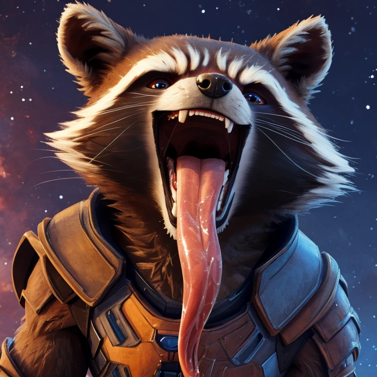 Rocket Raccoon (Guardians of the Galaxy 2014), Marvel Studios, 2D Animation, Looking at viewer, Open Mouth, Tongue Out, Long Tongue, Wide-Eyed, Anatomically Correct, Seductive Smile, Grabbing tongue with fingers, Saliva Trail, Raised Eyebrow, Oral Invitation, Simple background, Character Design, Illustration, High Resolution, Super Detailed, Textured Skin, Eye Level Shot, Single Shot, Medium Close Up