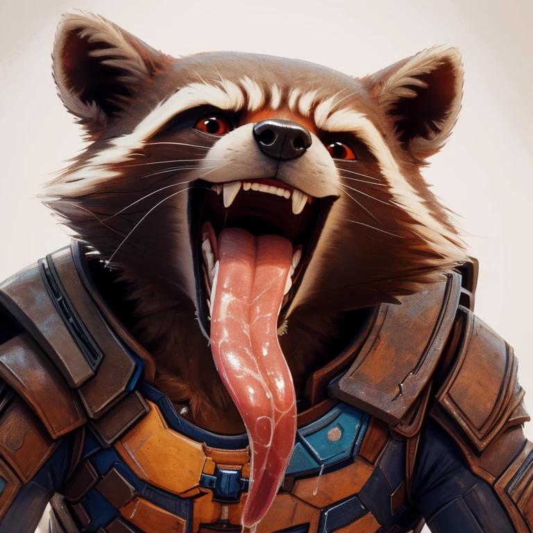 Rocket Raccoon (Guardians of the Galaxy 2014), Marvel Studios, 2D Animation, Looking at viewer, Open Mouth, Tongue Out, Long Tongue, Wide-Eyed, Anatomically Correct, Seductive Smile, Grabbing tongue with fingers, Saliva Trail, Raised Eyebrow, Oral Invitation, Simple background, Character Design, Illustration, High Resolution, Super Detailed, Textured Skin, Eye Level Shot, Single Shot, Medium Close Up