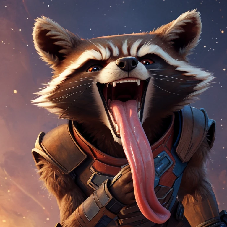 Rocket Raccoon (Guardians of the Galaxy 2014), Marvel Studios, 2D Animation, Looking at viewer, Open Mouth, Tongue Out, Long Tongue, Wide-Eyed, Anatomically Correct, Seductive Smile, Grabbing tongue with fingers, Saliva Trail, Raised Eyebrow, Oral Invitation, Simple background, Character Design, Illustration, High Resolution, Super Detailed, Textured Skin, Eye Level Shot, Single Shot, Medium Close Up