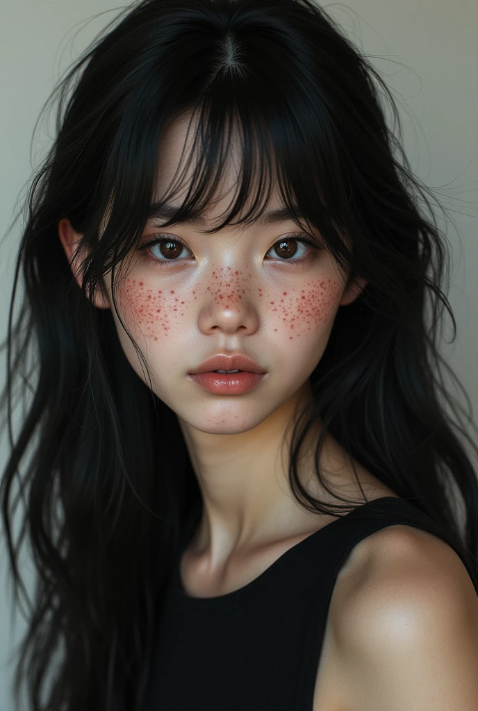 Black hair, semi-long, double eyelids, freckles and moles on face, slightly large nose