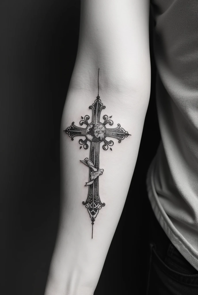 Black and white fine line Christian tattoos on the forearm