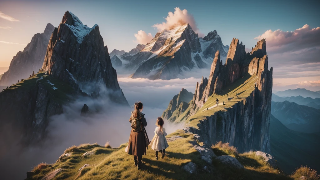 There is a book opened on the mountain，Two children standing on the book, Complex and epic composition, fantasy book illustration, Best selection on Adobe Stock, Illustrations, in a scenic background, fantasy book, Widescreen screenshot, Beautiful landscape rendering, view, Absolutely outstanding image, storybook wide shot :: HD, 3D rendering and matte
