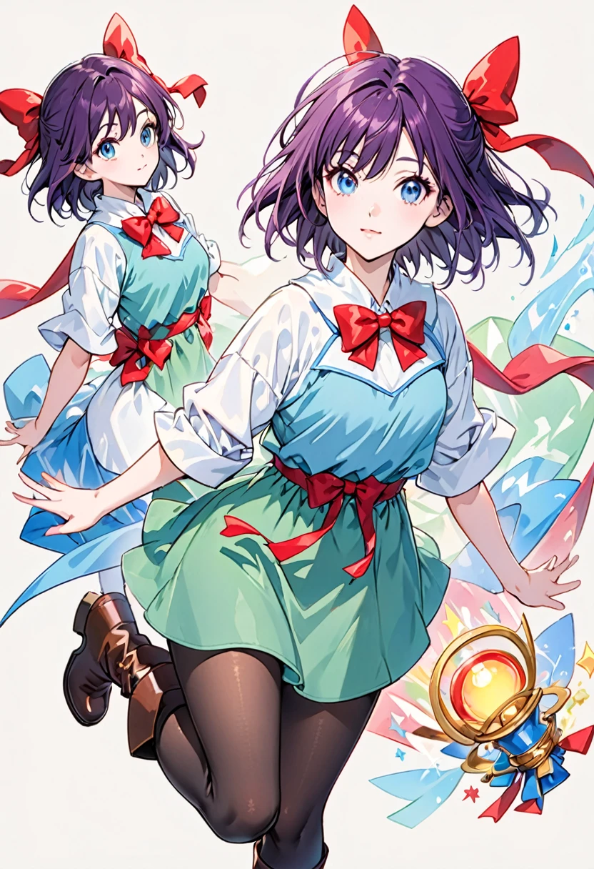 Purple haired teenage magician girl, medium short chin length hair, blue eye color, White skin, European ancestry, wearing a slightly baggy green top outfit , with a red bow in the center of the chest, short black skirt, black pantyhose on legs and dark brown boots