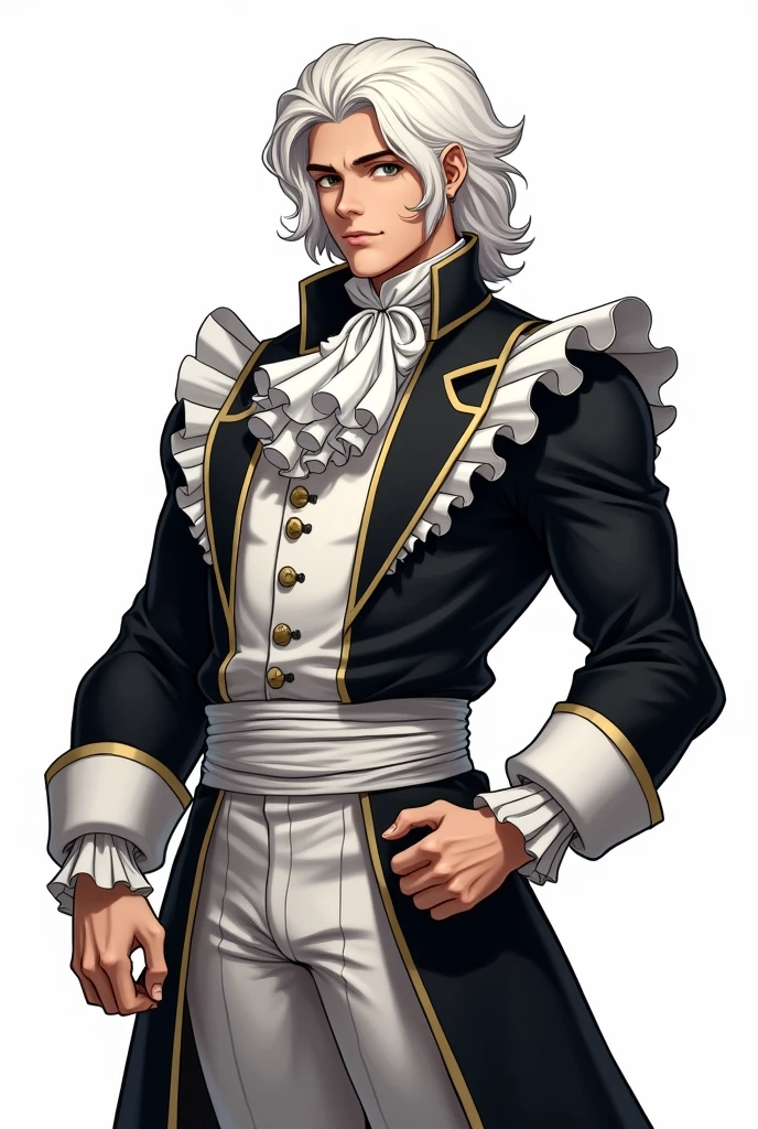 a young man, in a 17th century aristocratic white wig, with a muscular and very strong black and white maid outfit, anime style art, white background