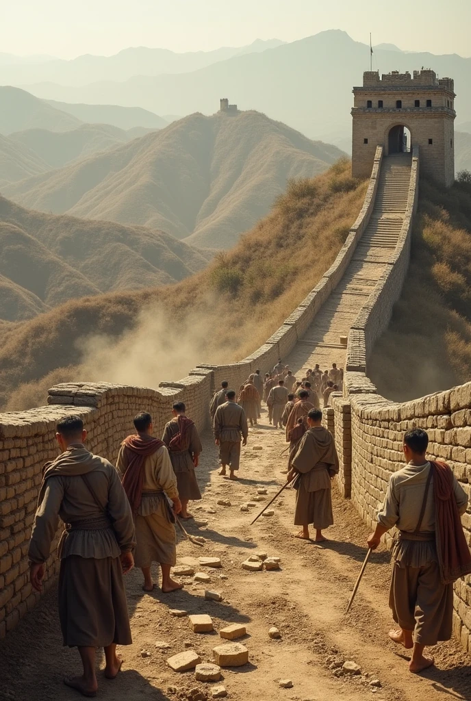 "Ancient Chinese laborers constructing the Great Wall"
