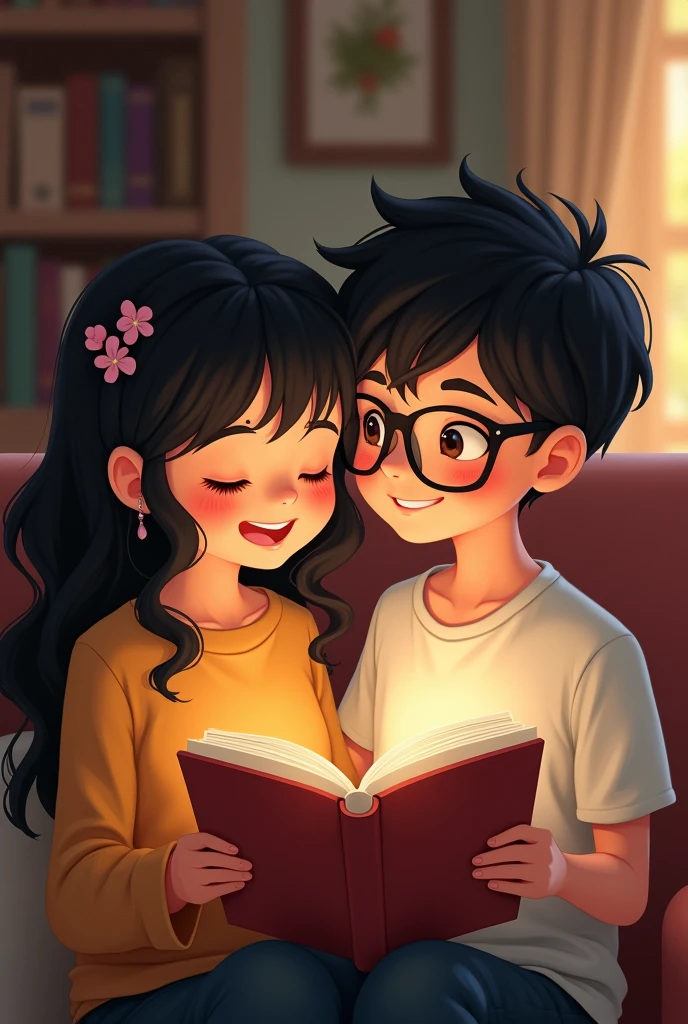 Girl and boy reading love book, they have a black hair, girl hair is a crail and long, The boy is wearing glasses, they are happy and lovely