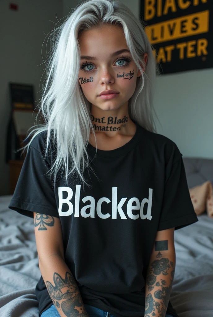 a young and white girl with silver hair and blue eyes. She wears a shirt with the print 'Blacked'. She has Tattoos on her arms that say 'Blacked' , 'Black only' , 'Only Black Lives Matter' and 'Black Baby Factory'. She also has two tattoos on here face, one being a spade and the other being the sentence 'I love black boys'. The background is her room with a Black Lives Matter Flag on the wall