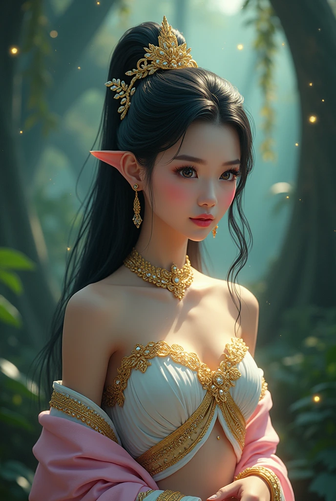 full lenght hiper 4k Think of it as a movie poster. In the Wind of Flowers. Full-length standing shot of a beautiful, sweet, and gentle 20-year-old woman. Pink lips and cheeks, looking straight ahead, wearing a white and gold Dusit Thai dress with sparkles, a white and gold sarong, a pink shawl, sparkling gold, and gold sparkles. The golden sparkles are on her long, black hair, tied loosely. She wears a small golden crown of Naga. She wears blue necklace and earrings. The light from the stars, a beautiful and realistic scene of a mysterious jungle. The light shines. 3D image, oil painting, sharp image