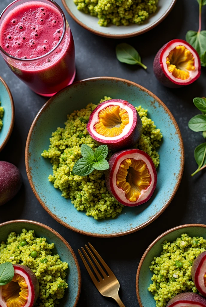 Generate an image showing a table with passion fruit juice and Peruvian green rice with 6 plates seen from above, Photo taken unprofessionally and realistically