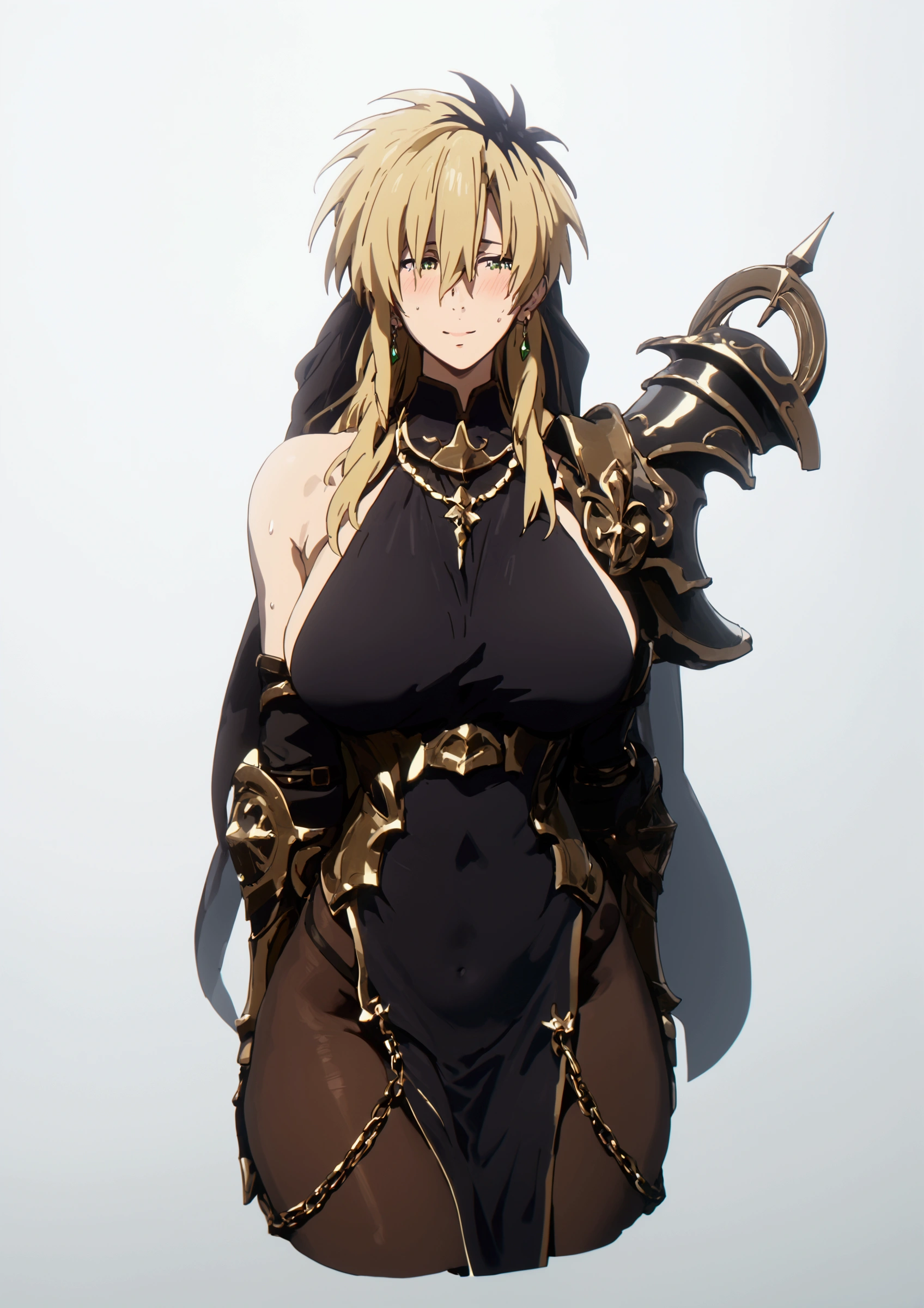 (hero neisan art style:0.7), score_9, score_8_up, score_7_up, score_6_up, uncensored, miyako ishida, long hair, bangs, blonde hair, black hair, hair between eyes, green eyes, multicolored hair, two-tone hair, BREAK glow effects, godrays, Hand drawn, render, 8k, octane render, cinema 4d, blender, dark, atmospheric 4k ultra detailed, cinematic, Sharp focus, big depth of field, Masterpiece, colors, 4k, concept art, trending on artstation, Vivid colors, extremely detailed CG unity 8k wallpaper, trending on CGSociety, Intricate, High Detail, dramatic BREAK, 1girl, breasts, long hair, pantyhose, solo, jewelry, open mouth, dress, black dress, bare shoulders, half-closed eyes, large breasts, pelvic curtain, earrings, covered navel, forced smile, brown pantyhose, armor, single gauntlet, blush, chain, cropped legs, shoulder armor, necklace, elbow gloves, gloves, facing viewer, sweat, gauntlets, gradient background, single pauldron, black gloves, simple background, cowboy shot, thighs, sleeveless, arms behind back, sideboob, sleeveless dress, grey background, white background