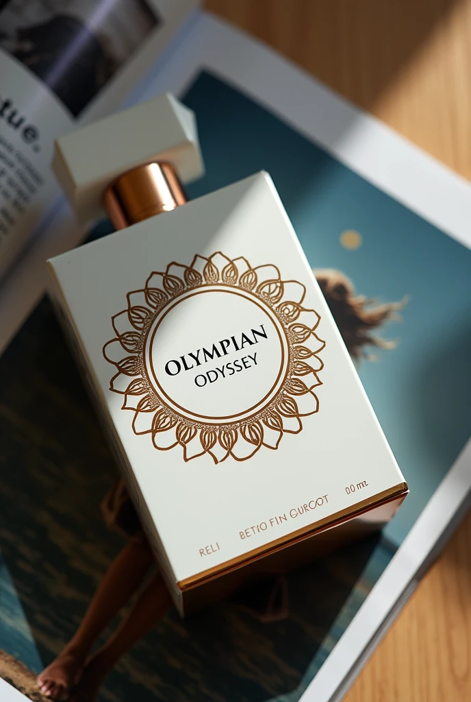 a perfume box with logo with the name Olympian Odyssey a unique design lying down showing in the top angle, as if it were in a magazine. create a background scenario.