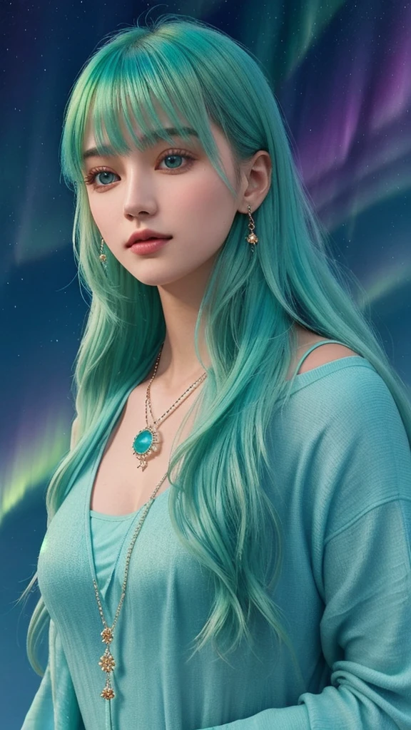A young woman with hair in a green gradient, blue and purple, imitating the vibrant colors of the aurora borealis. Her eyes are an ice blue with an ethereal glow. Your skin has a slight iridescent sheen, as if illuminated by the northern lights. She wears a necklace of crystals that reflect the colors of her hair.. The background is a mixture of shades of blue and green, with soft patterns reminiscent of the movement of the aurora in the sky. 8 k quality, magical and celestial style.