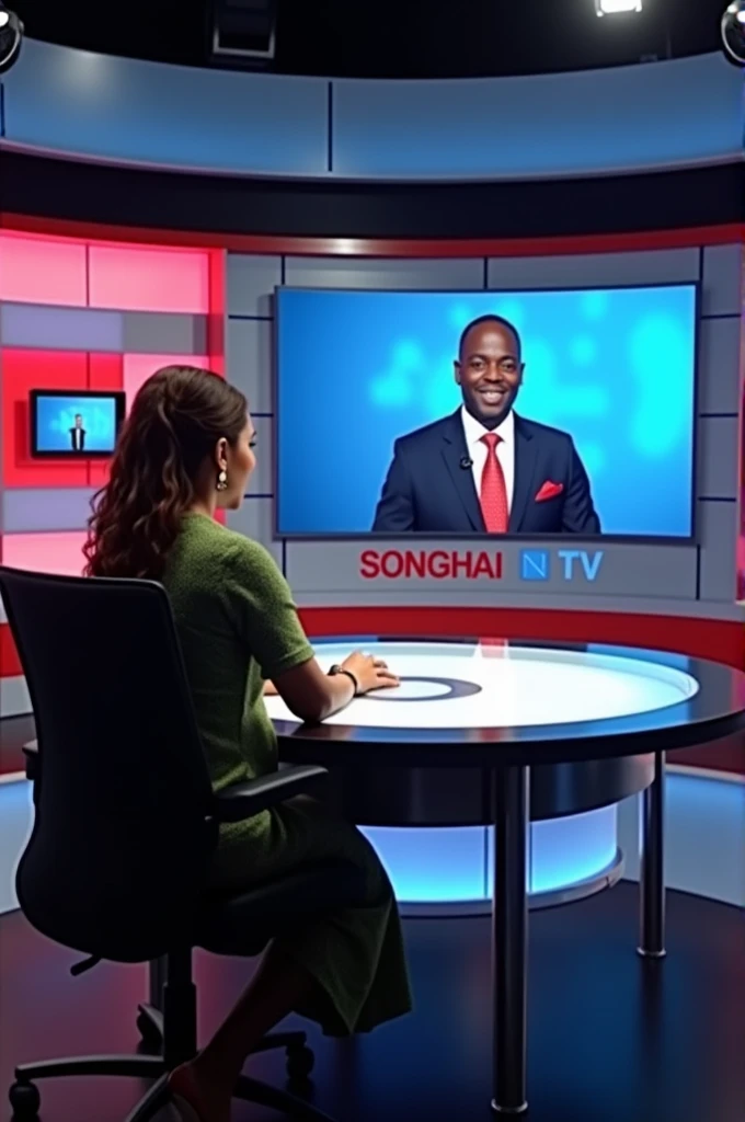 I run a media and communication consultancy firm. The name of my firm is Songhai Media Network Limited. Our includes setting up a Television Broadcasting services. Generate images for our firm's broadcasting station office to be in Abuja showing our staff in a Live interview with a male Nigerian politician being interviewed by an Hausa lady. Let the images making the the studio looks wider like CNN Newsroom while showing the name SONGHAI TV instead of CNN